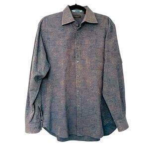 Tommy Bahama Island Soft  Paisley Print Button Down Cotton Shirt Gray Blue Med